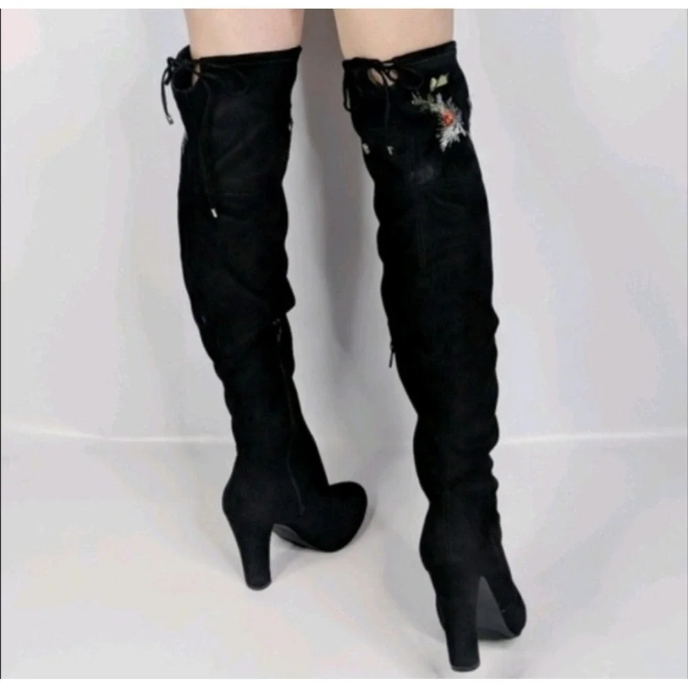 Zigi Soho Bryna Black Over The Knee Heeled Boot Embroider Floral Boho Hippie 6.5